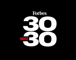 The image displays the 'Forbes 30 Under 30' logo with white text on a black background.