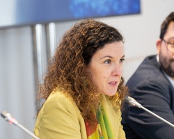 A woman speaks during a meeting with other participants around a table, in a professional setting.