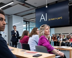 A group of people, likely students and professionals, attentive in a modern classroom setting with an 'AI (at least in part)' presentation on display.