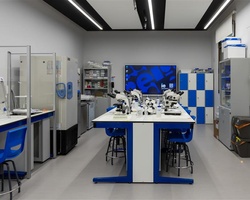 A modern laboratory with microscopes and lab equipment arranged on tables.