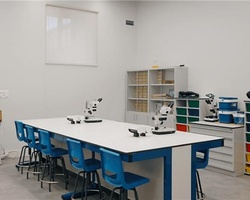 A clean and organized laboratory with microscopes on a large table.