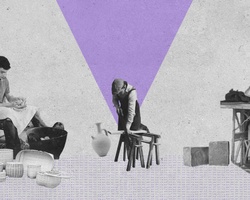 A collage image featuring three scenes with people engaged in different activities, set against a purple and beige geometric background.