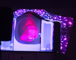 A red neon-lit object resembling a brain or organ displayed inside a cabinet surrounded by purple lights.