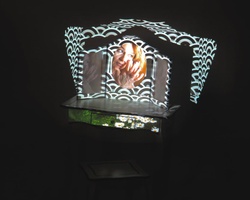 An art installation displaying a holographic image of a woman's face on a dark background.