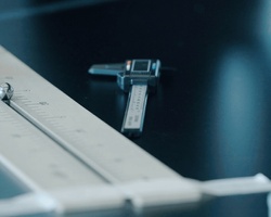 A caliper and a ruler on a dark surface with a small ball.