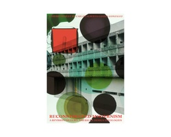 An abstract graphic design featuring a blend of geometric shapes and architectural elements with text overlay.