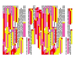 A colorful abstract graphic with overlaid vertical text elements in various orientations.