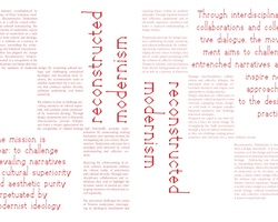 The image shows an artistic collage of various text blocks in different orientations, focusing on themes of modernism and deconstruction.