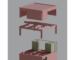 Exploded view of a modern, minimalistic pink desk with a unique design and a separate module featuring storage compartments.