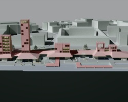 A 3D architectural model of a futuristic urban layout in shades of red and grey.