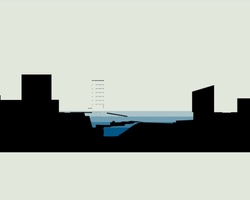 A minimalistic silhouette of a cityscape with subtle hints of blue representing water bodies.