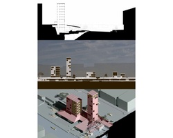 This image displays a digital architectural rendering of an urban development with the upper part showing a floor plan and the lower part a 3D model of buildings.