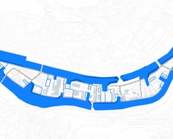 This is an abstract blue and white graphic of a stylized map, possibly depicting a waterfront or riverbank area lined with structures.