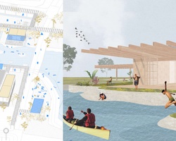 The image shows a conceptual design split between an architectural blueprint and an artistic rendering of people engaging in various outdoor activities.