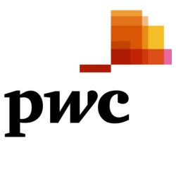 Logo of PwC (PricewaterhouseCoopers) featuring a stylized building in orange and yellow gradients next to the text 'pwc'.