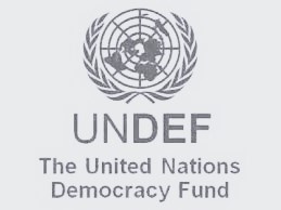 Logo of the United Nations Democracy Fund featuring a stylized globe and laurel leaves.