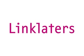 The image shows the logo of Linklaters, displayed in pink text on a white background.