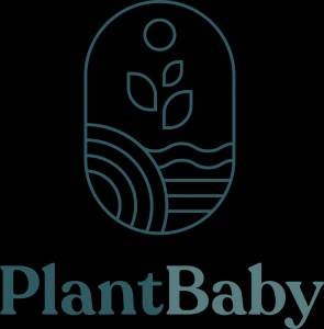 The image shows a logo named 'PlantBaby' featuring a stylized graphic of a capsule with a plant inside, divided into sections with different designs.