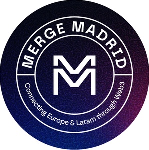 A circular logo representing Merge Madrid, highlighting its connection between Europe and Latin America through Web3.