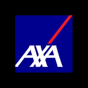 Logo of AXA featuring white letters on a blue background with a red diagonal line.