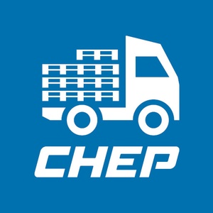 A logo featuring a truck loaded with pallets on a blue background.