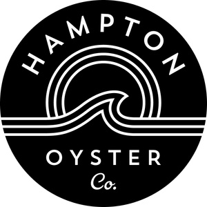 A circular logo featuring the name 'Hampton Oyster Co.' with a wave and a sun design.