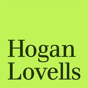 This image features the logo of Hogan Lovells on a bright green background.