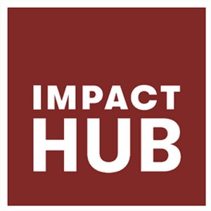 Logo of Impact Hub on a maroon background