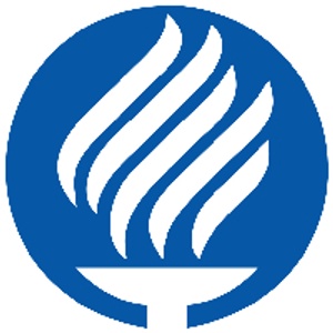 A stylized blue and white logo featuring a flame.