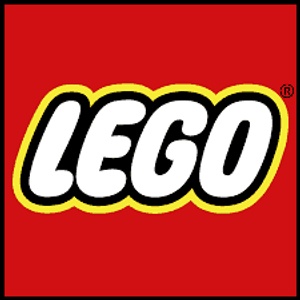 The image shows the logo of LEGO, featuring white bold letters on a red background.