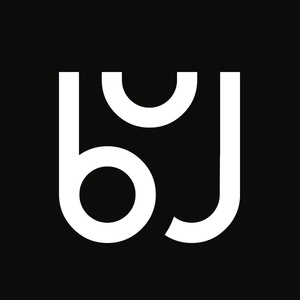 A graphic design of a white letter 'b' and a partially inverted 'j' on a black background.