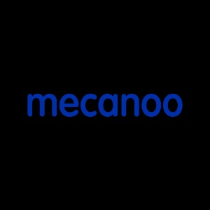 The image displays the word 'mecanoo' in blue lowercase letters centered on a black background.