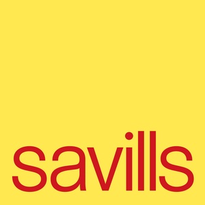 The image shows the red and white logo of Savills on a yellow background.