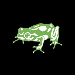 A simple green and white illustration of a frog on a black background.