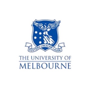 Logo of The University of Melbourne featuring a blue shield with stars and a bird, with text around the emblem.
