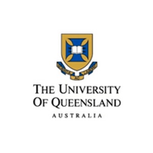 Logo of The University of Queensland, featuring a blue and gold shield with an open book and a banner stating the university's name and location in Australia.