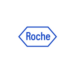 Logo of Roche with the name 'Roche' inside a blue hexagon on a white background.