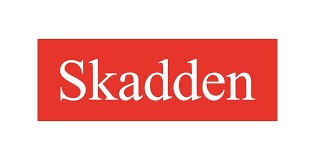 Logo of Skadden in white text on a red background.