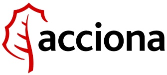 The image shows the logo of Acciona, featuring red and black text with a stylized red wind turbine icon on the left.