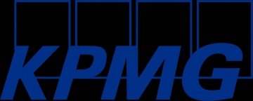 The image shows the logo of KPMG in blue on a black background.