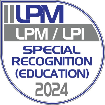 A logo featuring the text 'IUPM LPM / LPI SPECIAL RECOGNITION (EDUCATION) 2024' encircled in a blue and silver design.