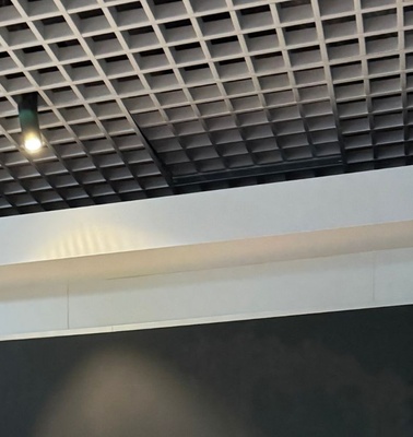 A modern interior space featuring a grid ceiling and a light fixture.