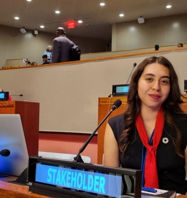 A woman sitting at a conference table with the label 'STAKEHOLDER' in front of her.