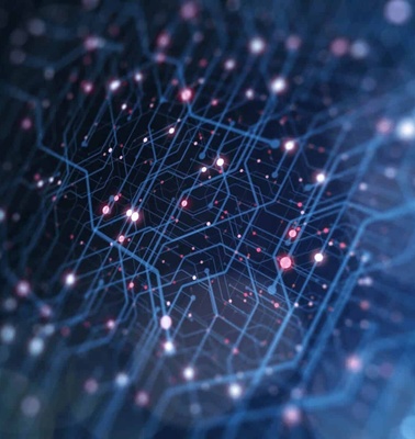 A digital representation of a network with interconnected lines and glowing nodes.