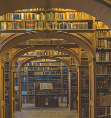 A grand library filled with shelves of books and arched passages.