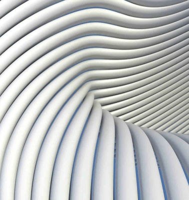 Abstract view of repetitive curved white lines creating a wave-like pattern.