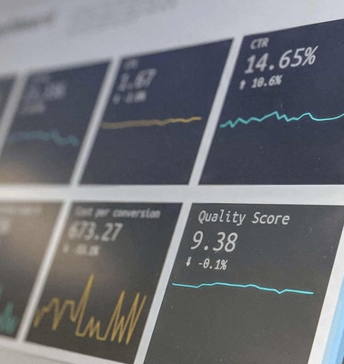 A close-up view of a printed page displaying various business metrics and data charts.