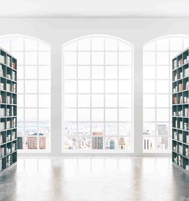 A spacious, modern library with floor-to-ceiling bookshelves lining the walls and large arched windows overlooking a city.