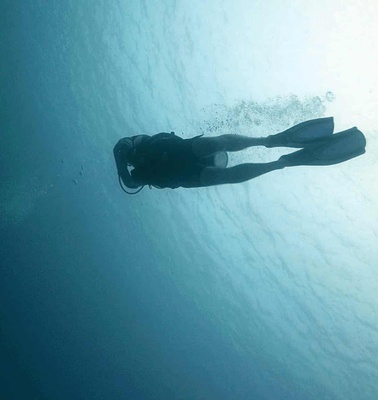 A diver is swimming underwater with fins in a deep ocean