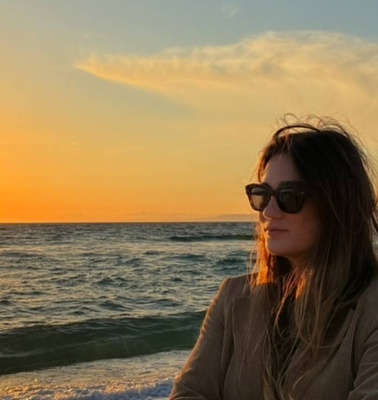 A person stands by the beach at sunset, gazing at the ocean.